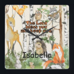 Relógio Quadrado Nome Personalizado Wall Clock Christian Gift<br><div class="desc">Um relógio personalizado com o verso Bíblia bênção "O Senhor Abençoa Você e Mantenha Você" com ilustrações bonitinhas de aquarelas de animais da floresta. Apenas mude o nome para o do seu filho para um presente de decoração de quarto personalizável.</div>