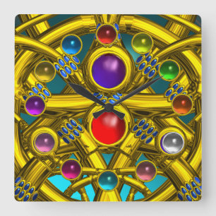 RELÓGIO QUADRADO NÓS CELTICOS ABSTRATO DOURADOS COM GEMSTONAS COLO