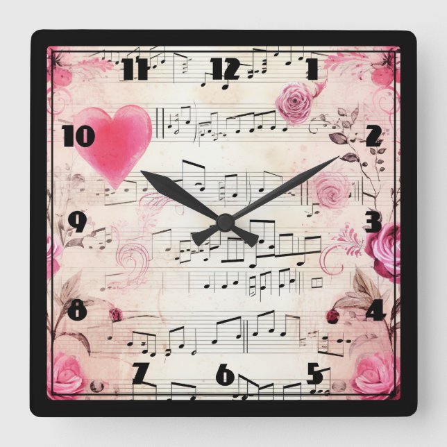 Relógio Quadrado Notas Musicais e Rosas Vintage Design (Frente)