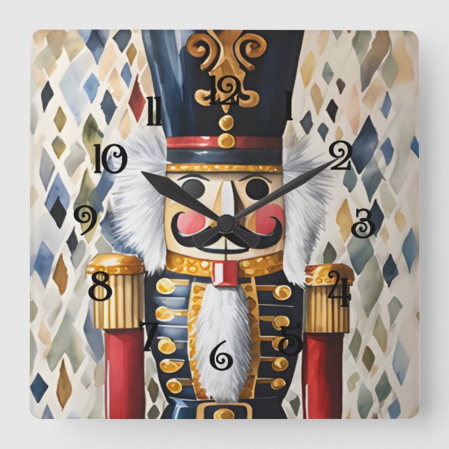 Relógio Quadrado Noz-cracker de Natal Ilustrado (Frente)