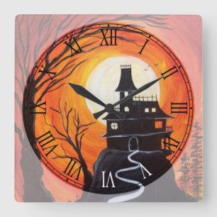 Relógio Quadrado Numeral Romano da Casa Assaltada Creepy