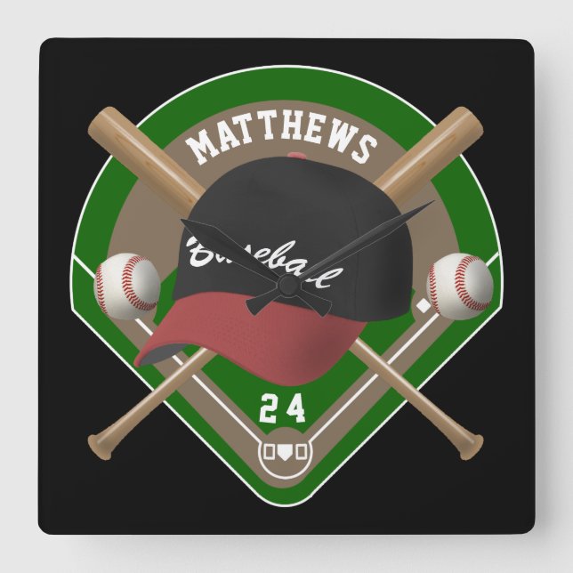 Relógio Quadrado Número de Nome Personalizado do Diamond do Bats do (Frente)