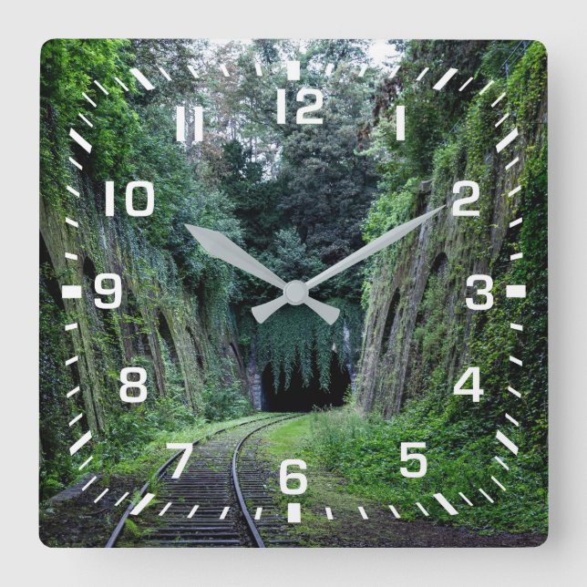 Relógio Quadrado Número quadrado branco com trilhas ferroviárias (Frente)