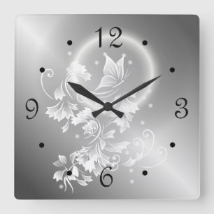 Relógio Quadrado Números de Prata de Borboleta Floral