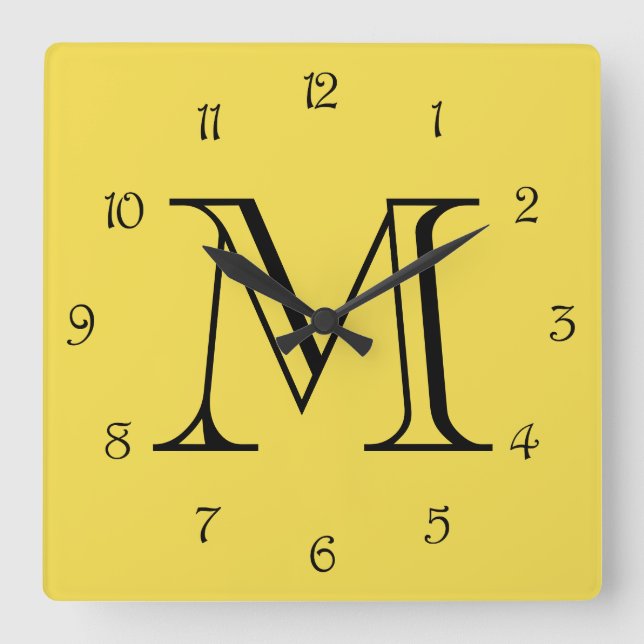 Relógio Quadrado Números De Script Preto Do Monograma Em Clockcn Am (Frente)