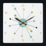 Relógio Quadrado Números Modernos do Meio século de Starburst de Er<br><div class="desc">Este relógio moderno colorido meio século apresenta uma explosão atômica em azul-turquesa,  verde-abacate,  creme,  e preto,  juntamente com as horas em verde correspondente. Tão divertido de adicionar à sua parede!</div>