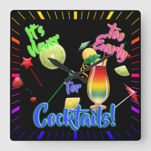 Relógio Quadrado Nunca é Cedo Demais para Coquetéis Neon Home Bar