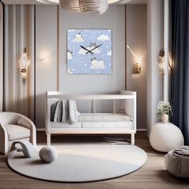 Relógio Quadrado Nuvem de Kitten com Padrão Azul