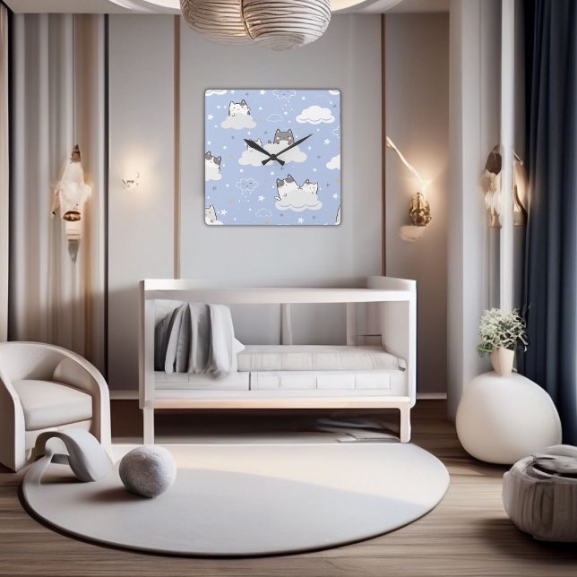 Relógio Quadrado Nuvem de Kitten com Padrão Azul (Cute Pattern Kitten Blue Square Wall Clock)