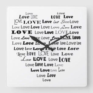 Relógio Quadrado Nuvem de Palavra de Coração de Amor - Preto em B