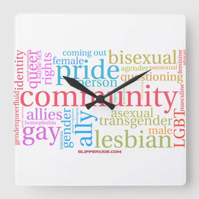 Relógio Quadrado nuvem de palavras da comunidade LGBTQ+ arco-íris d (Frente)