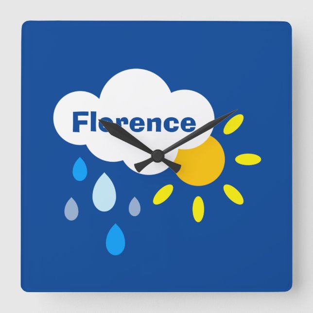 Relógio Quadrado Nuvem Personalizada, Chuva e Sol (Frente)
