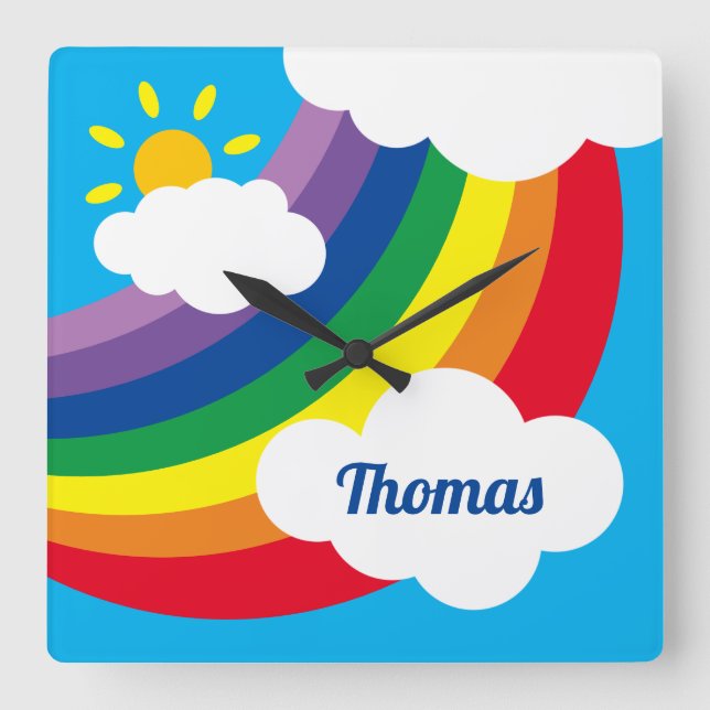 Relógio Quadrado Nuvens personalizadas, Sol e Arco-íris (Frente)