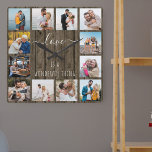 Relógio Quadrado O amor é uma maravilhosa cota 12 Photo Wood<br><div class="desc">Relógio de fotos com citação feliz e 12 de suas fotos favoritas de família e amigos. O modelo de foto está configurado para você criar sua própria colagem de fotos no estilo grid para enquadrar a citação dizendo "o amor é uma coisa maravilhosa". O design é escrito em uma elegante...</div>