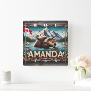 Relógio Quadrado O Beaver constrói bordos em águas calmas