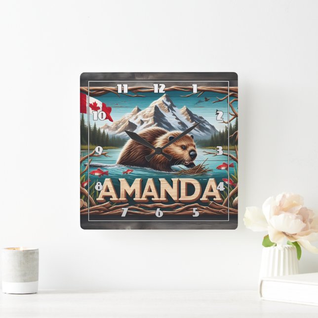 Relógio Quadrado O Beaver constrói bordos em águas calmas (Lar)