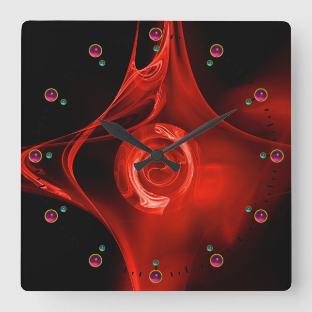 RELÓGIO QUADRADO O FRACTAL VERMELHO AUMENTOU EM PEDRAS PRECIOSAS (Frente)