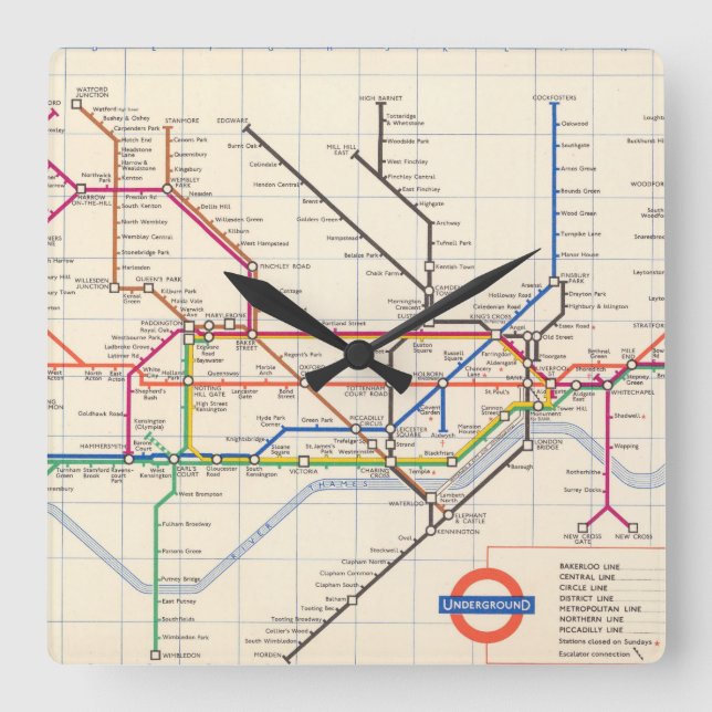 Relógio Quadrado O mapa subterrâneo de Londres (Frente)