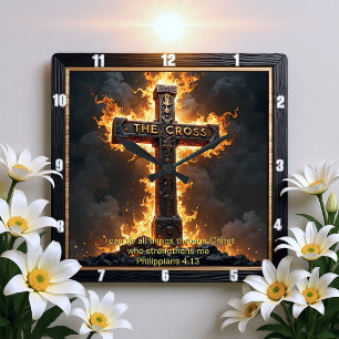 Relógio Quadrado O Medalhão da Cruz Poder Filipenses 4:13 Versículo