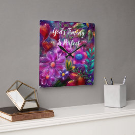 Relógio Quadrado O momento de Deus é perfeito, Abstrato Floral, ros