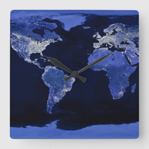 Relógio Quadrado O Mundo à Noite - Mapa, Espaço