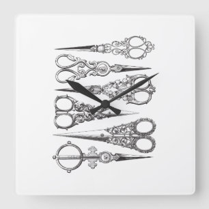 Relógio Quadrado O vintage Scissors decorativo branco preto