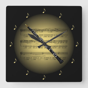 Relógio Quadrado Oboe 3-D Gold Globe ~ Sheet Music ~ Black BG ~ * ~