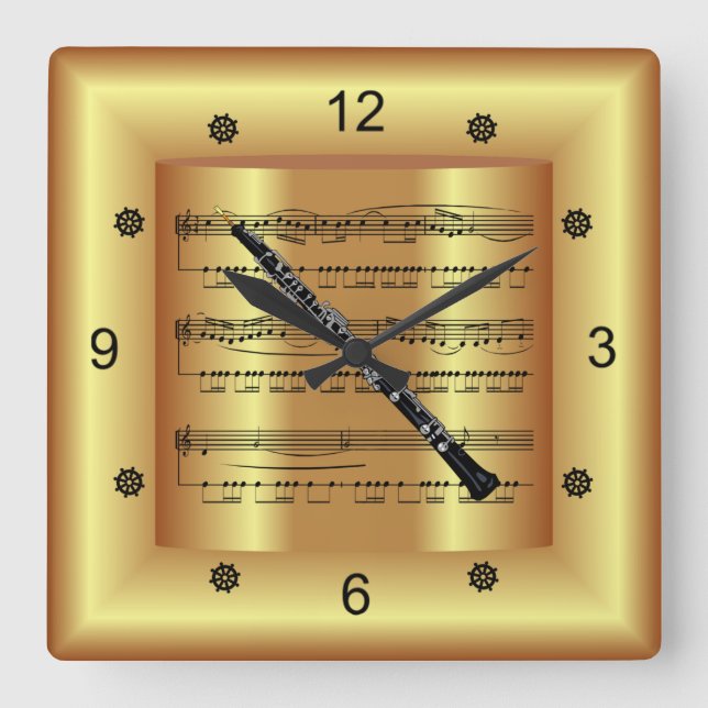 Relógio Quadrado ~ Obot ~ Folha Curva Música ~ Dourado Fundo ~ (Frente)