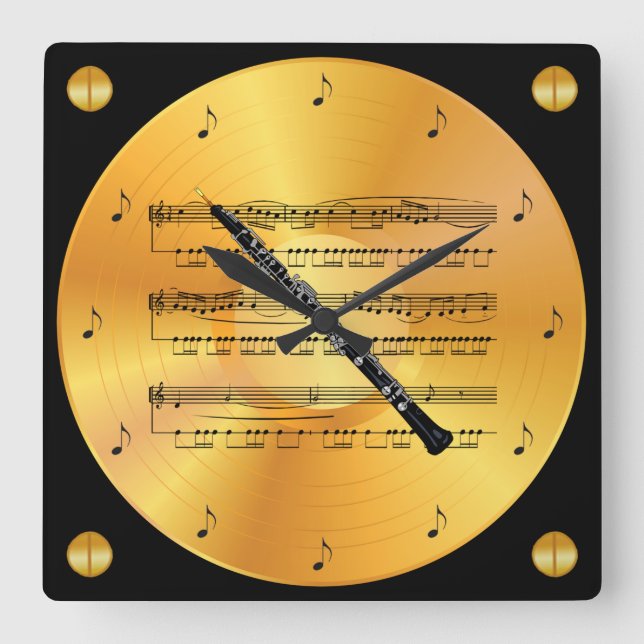 Relógio Quadrado Obot ~ Folha Música ~ Registro Dourado ~ (Frente)
