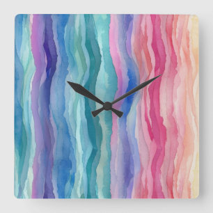 Relógio Quadrado Oceano Ondas Aquarela Arco-Íris Escuro Inspirado