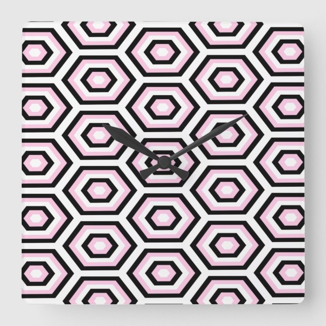 Relógio Quadrado Octagon preto, branco e rosa (Frente)