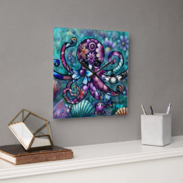 Relógio Quadrado Octopus Floral Teal Roxo Azul Costeira