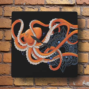 Relógio Quadrado Octopus Orange Mandal Blue