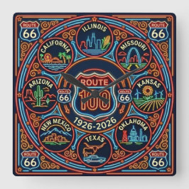 Relógio Quadrado Oito Estados Rota Neon 66 Centenário 1926-2026