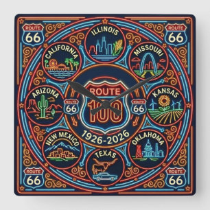 Relógio Quadrado Oito Estados Rota Neon 66 Centenário 1926-2026