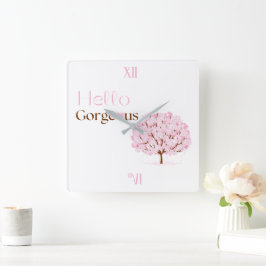 Relógio Quadrado Olá Lindíssimo, Árvore de Flor de Cerejeira
