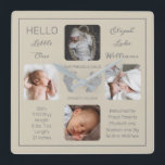 Relógio Quadrado Olá Pequeno Um Bebê Quatro Fotografias Quadradas R<br><div class="desc">Crie uma atenção que você pode estimar por toda a vida com esta design de fotos "Olá Pequeno Um" com o nome do seu bebê, as estatísticas de natalidade, os nomes de pais e irmãos. No centro estão duas linhas de modelo para sua mensagem pessoal ou você pode usar a...</div>