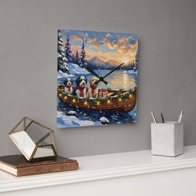 Relógio Quadrado Old English Sheepdog Christmas Boat Holiday (Escritório)