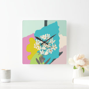 Relógio Quadrado Oleander Blocos de Cor Floral Florista Moderna