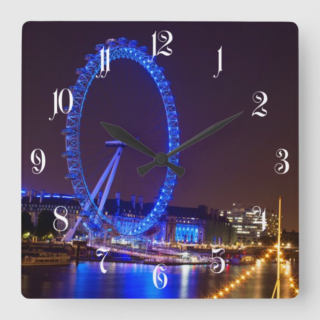 Relógio Quadrado Olho de Londres azul na noite (Frente)