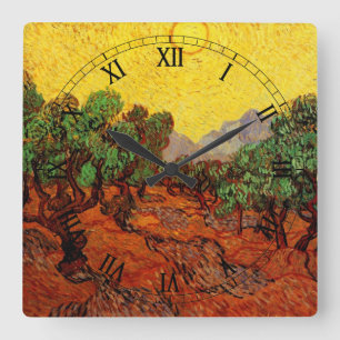 Relógio Quadrado Oliveiras de Van Gogh com Céu Amarelo e Sol