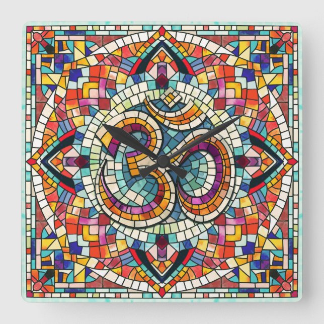 Relógio Quadrado OM Símbolo Lotus Mandala Mosaico (Frente)