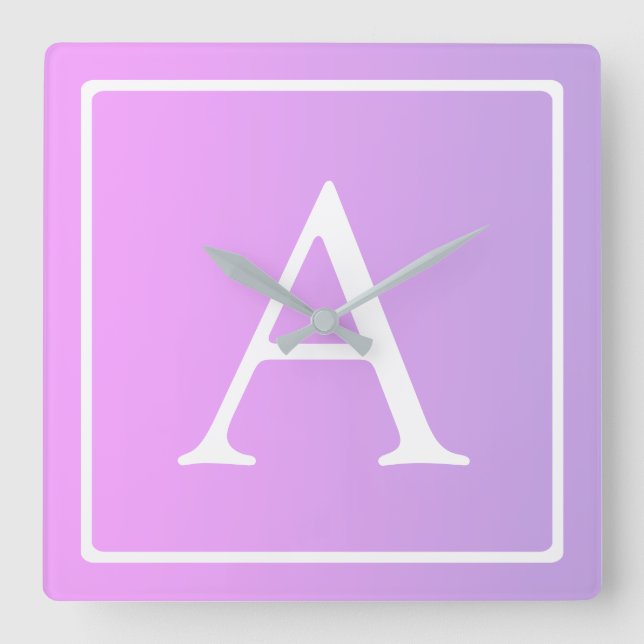 Relógio Quadrado Ombre cor-de-rosa do monograma |/roxos subtis (Frente)