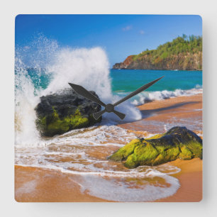 Relógio Quadrado Ondas batem na praia, Havaí