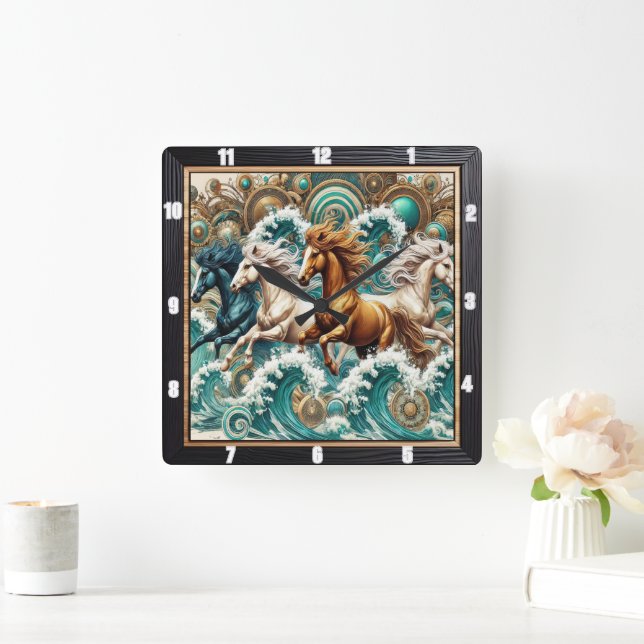 Relógio Quadrado Ondas de Cavalos Galopantes (Lar)