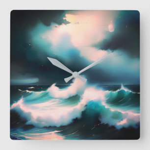 Relógio Quadrado Ondas do oceano azul bonito pintura