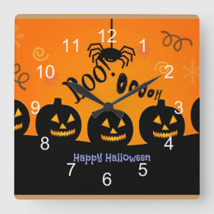 Relógio Quadrado Oooh! Feliz Halloween em Laranja e Preto