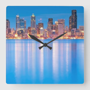 Relógio Quadrado Opinião azul da hora de Seattle do centro