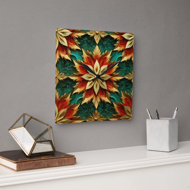 Relógio Quadrado Opulência de Yuletide: Segmentos de Ouro do Natal (Escritório)