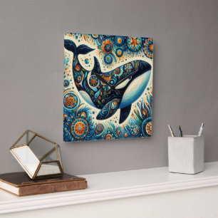Relógio Quadrado Orca Killer Whale Floral Whimssic - Praia Náutica